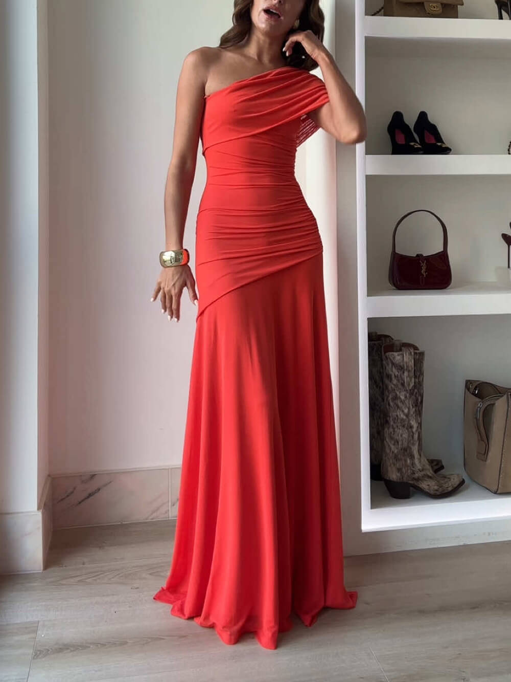Elegance Effortless Mesh Off Shoulder Ruched Stretch Maxi Dress