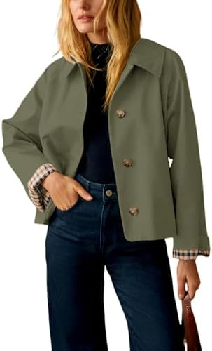 Cropped Trench Jacket — Oversized Double-Breasted Coat with Plaid Lining for Women