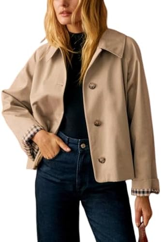 Cropped Trench Jacket — Oversized Double-Breasted Coat with Plaid Lining for Women