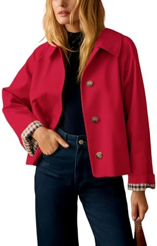 Cropped Trench Jacket — Oversized Double-Breasted Coat with Plaid Lining for Women