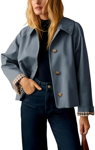 Cropped Trench Jacket — Oversized Double-Breasted Coat with Plaid Lining for Women
