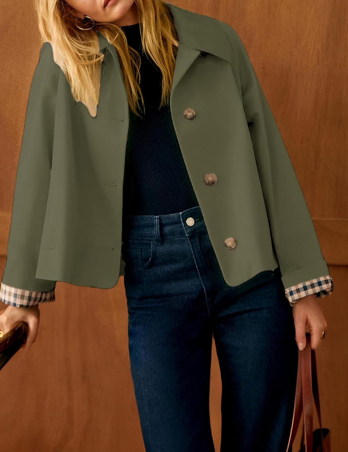Cropped Trench Jacket — Oversized Double-Breasted Coat with Plaid Lining for Women