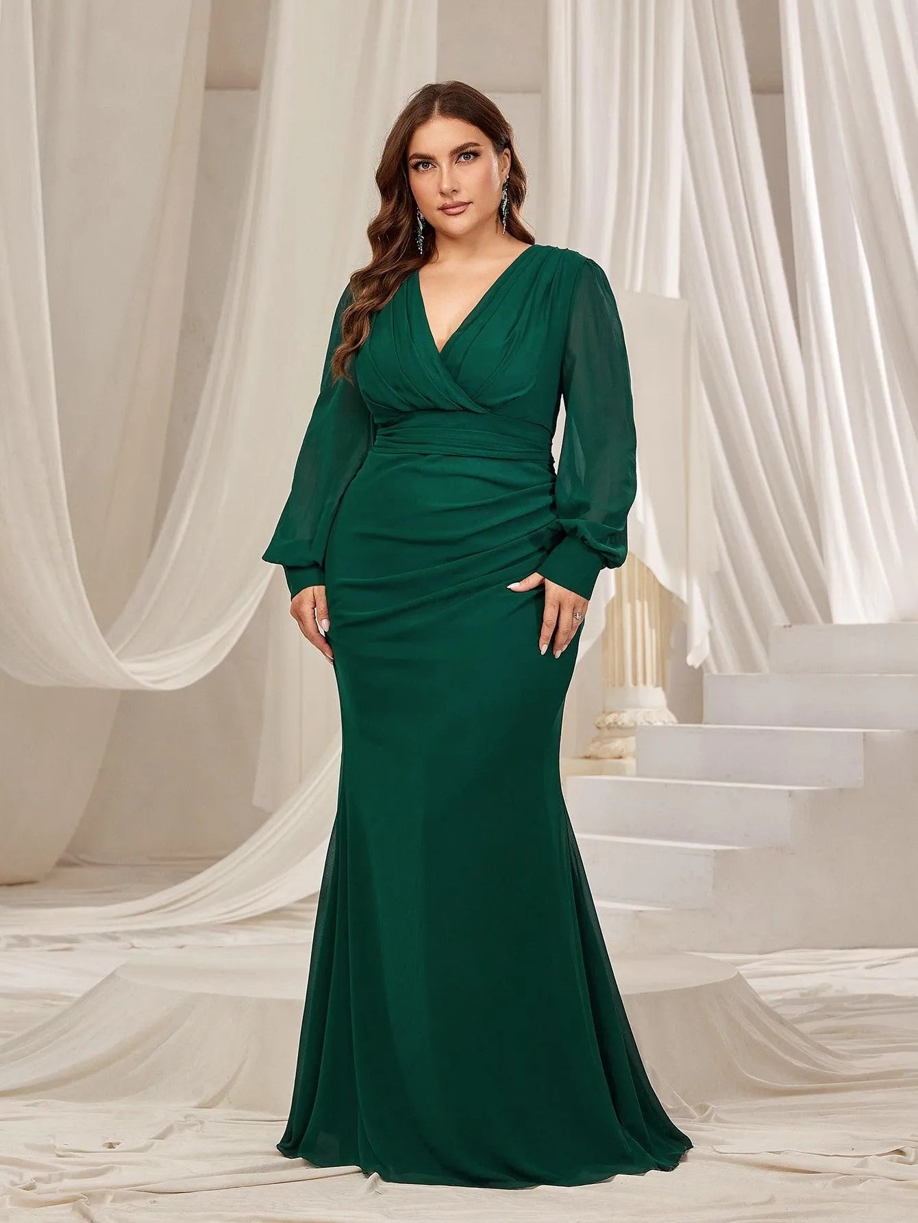 Plus Surplice Neck Lantern Sleeves Chiffon Formal Mermaid Dress