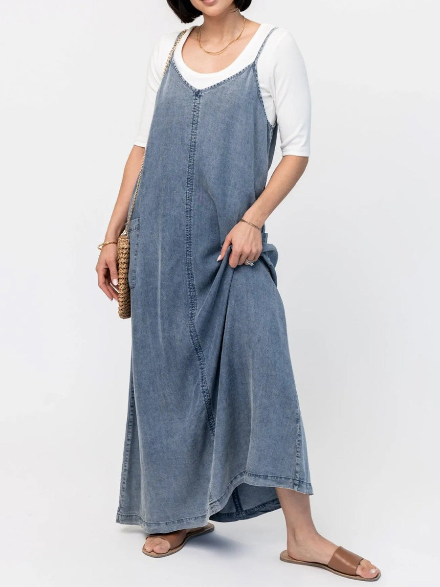 Vintage Inspired Loose Fit Denim Maxi Dress