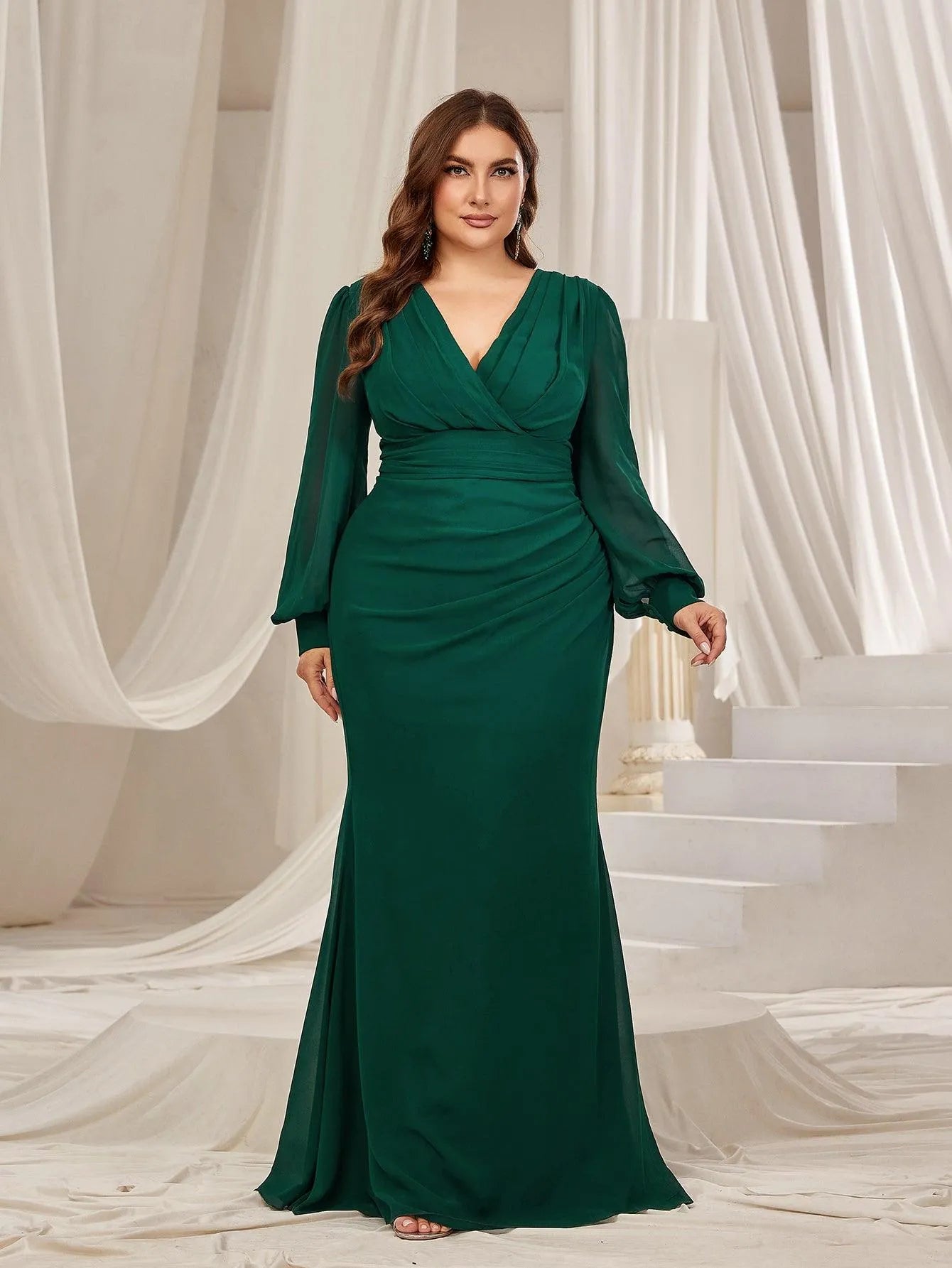 Plus Surplice Neck Lantern Sleeves Chiffon Formal Mermaid Dress