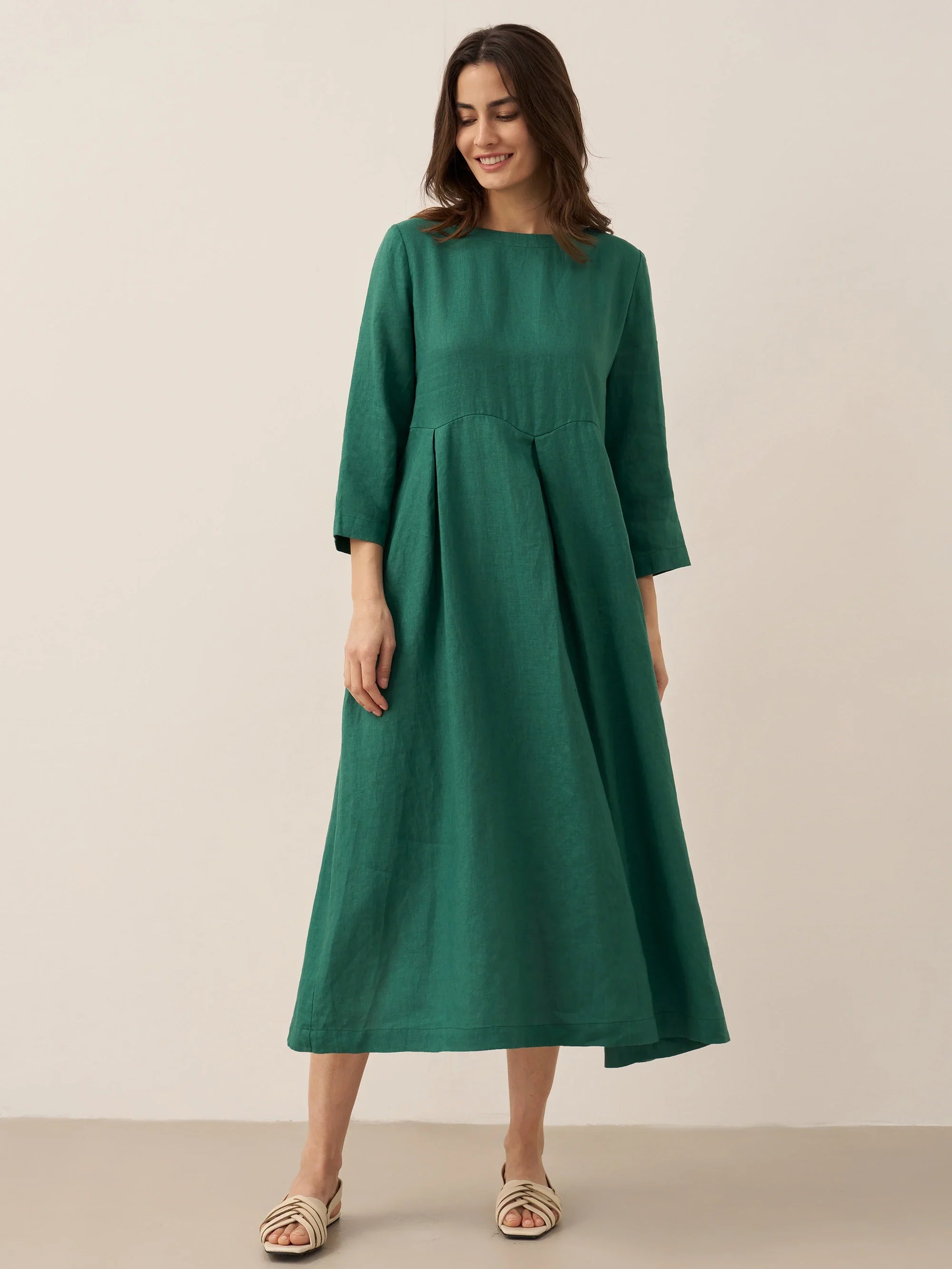 100% Linen Bateau Neck Pleated Maxi Dress ABIGAIL