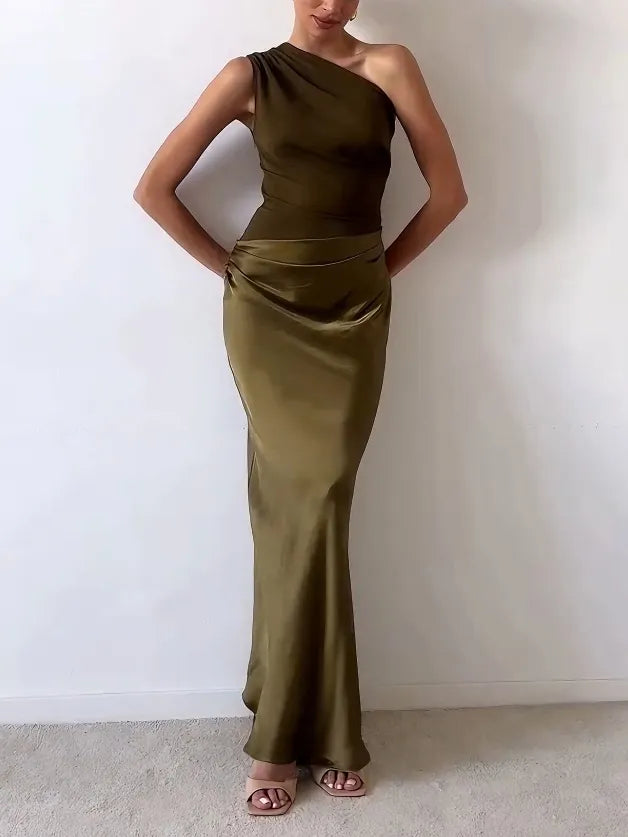 Elegant One Shoulder Neck Pleated Party Maxi Dress
