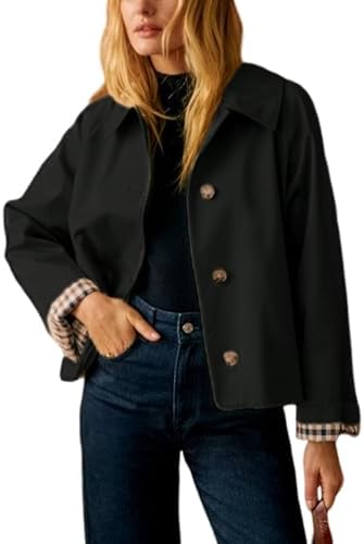 Cropped Trench Jacket — Oversized Double-Breasted Coat with Plaid Lining for Women