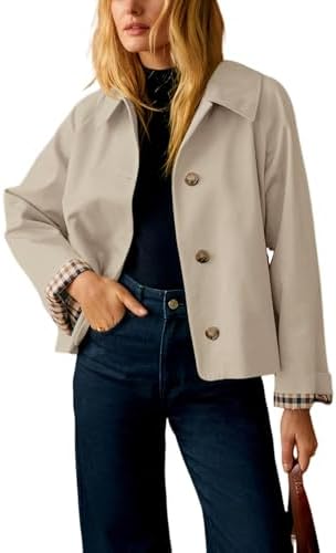 Cropped Trench Jacket — Oversized Double-Breasted Coat with Plaid Lining for Women