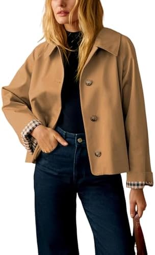 Cropped Trench Jacket — Oversized Double-Breasted Coat with Plaid Lining for Women