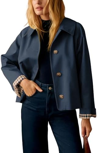 Cropped Trench Jacket — Oversized Double-Breasted Coat with Plaid Lining for Women