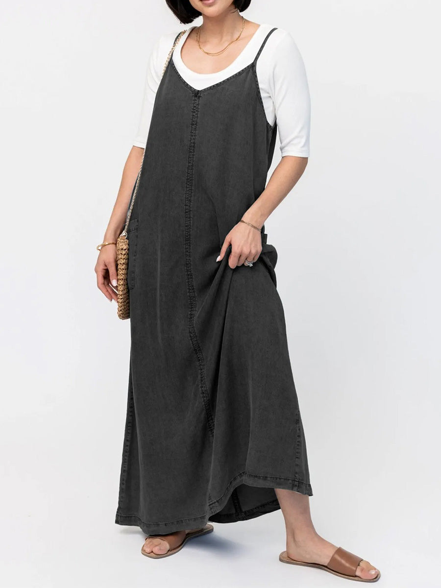 Vintage Inspired Loose Fit Denim Maxi Dress