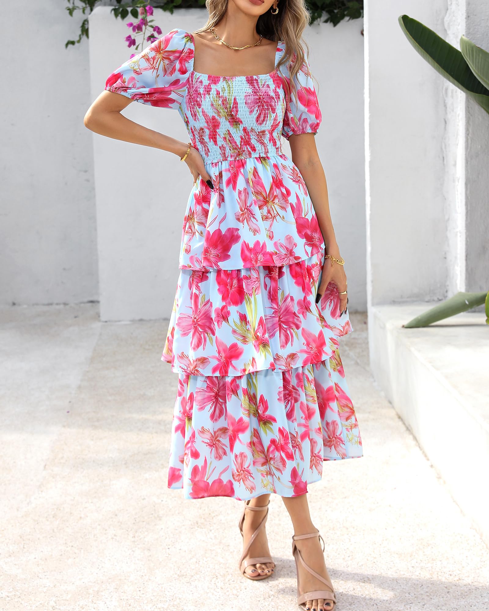 Rosalie Floral Smocked Midi Dress — Square Neck Puff Sleeve Summer Dress for Women