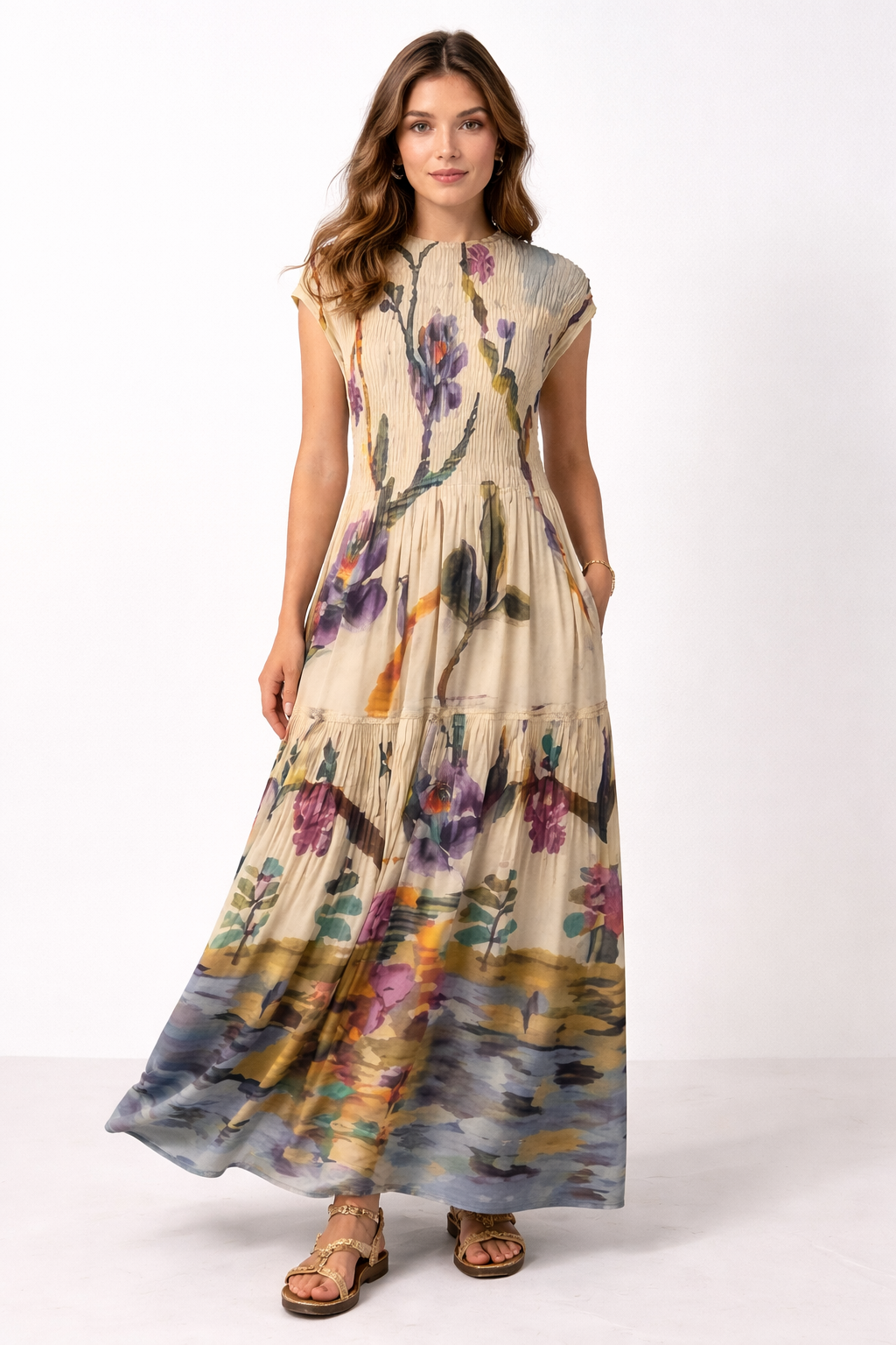 Pleated Print Maxi Dress