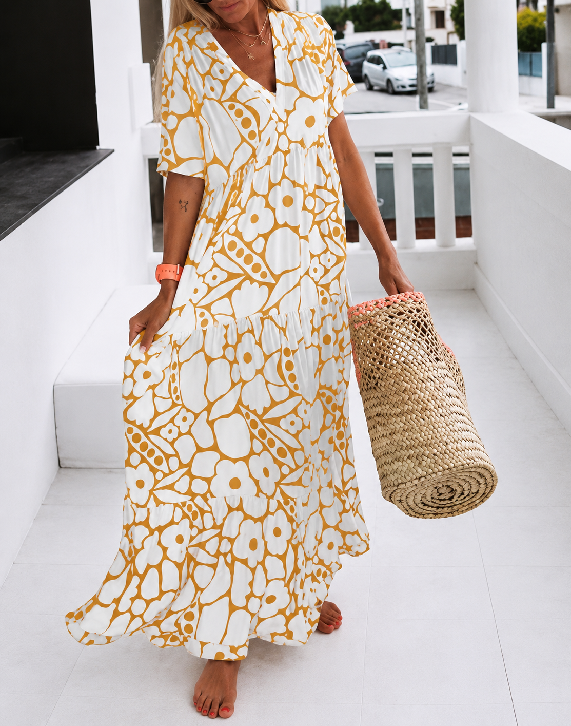 Scarlett Bold Floral Tiered Maxi Dress — V-Neck Summer Dress for Women