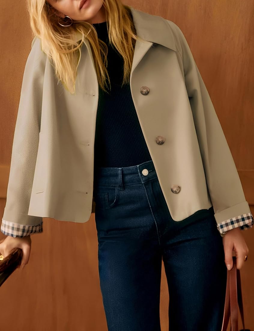 Cropped Trench Jacket — Oversized Double-Breasted Coat with Plaid Lining for Women