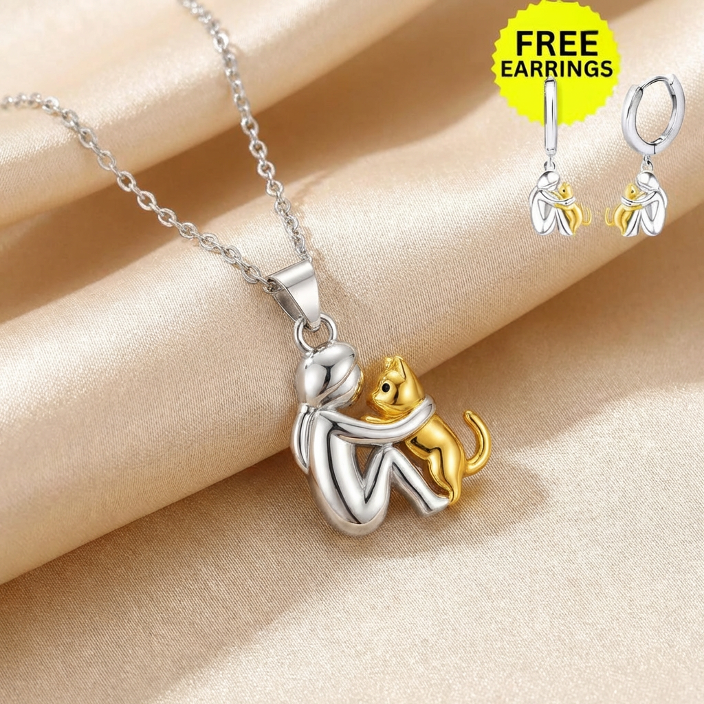 "Forever in Your Heart" Cat Hug Necklace Set + FREE Matching Earrings